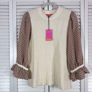 THML Sabrina Mixed Media Sweater Knit Chiffon Cream Size Small NWT